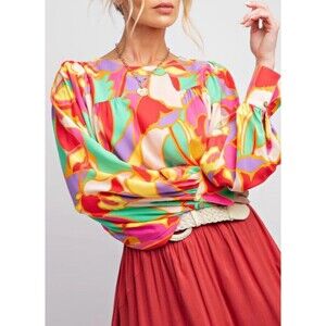 EASEL Abstract Pink/Multi Color Balloon Long Sleeve Top Artsy, Holiday Sz Large